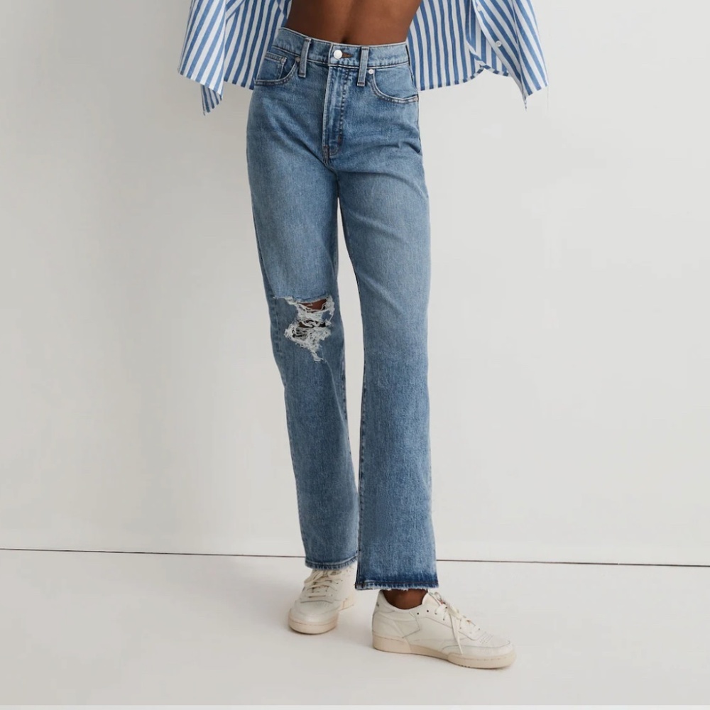 Madewell The Perfect Vintage Straight Jean in Kingsbury Wash Knee-Rip Edition 28